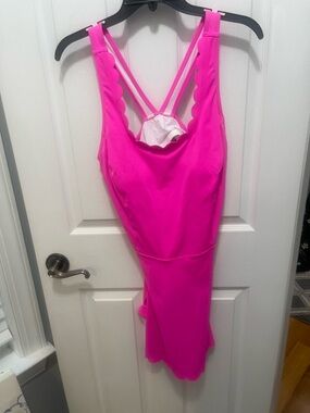 Scalloped Bright Pink One-Piece Swimsuit with Crossback Straps dress